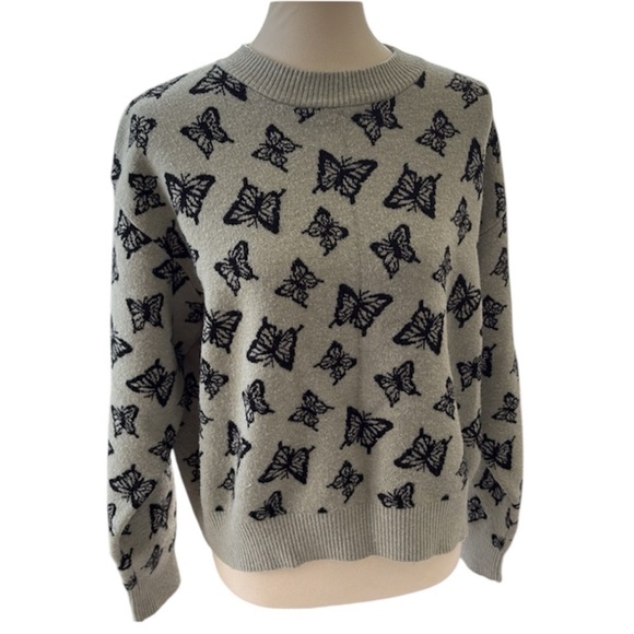 Stella Tweed Green Black Butterfly Knit Sweater Boho Cottage Cropped Women XL - Picture 4 of 9